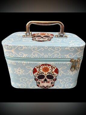 Light Blue Sugar Skull Cosmetic Zip Close  Train Case with Interior Mirror